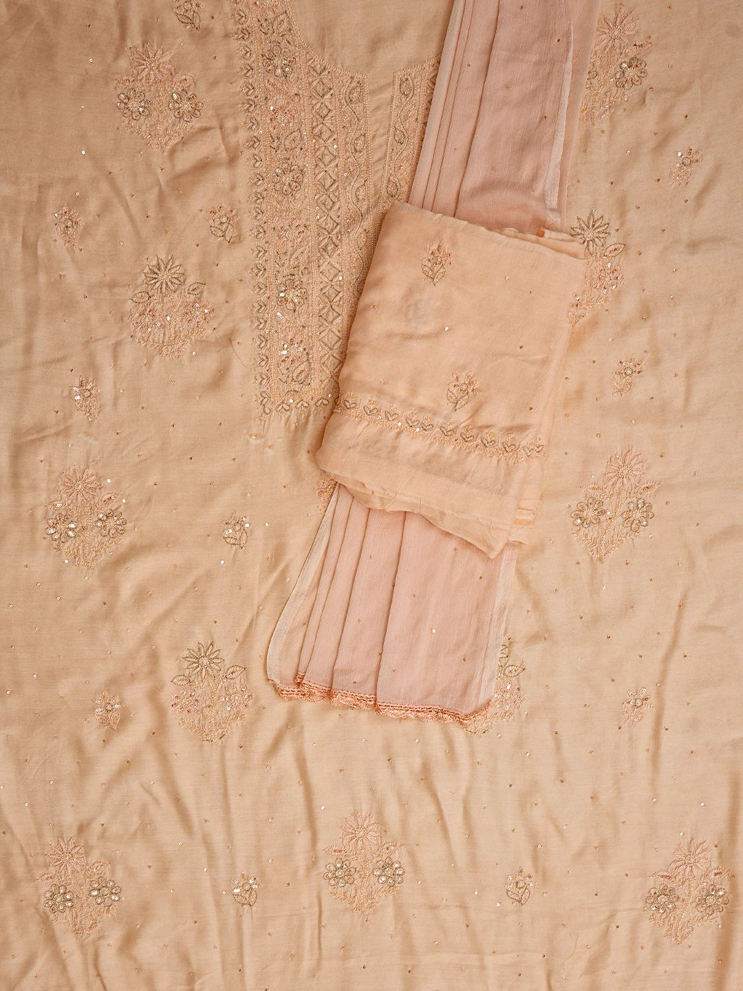 Ada Hand Embroidered Dusty Peach Muslin Lucknowi Chikankari Unstitched Suit Set With Zari Work 01A795821