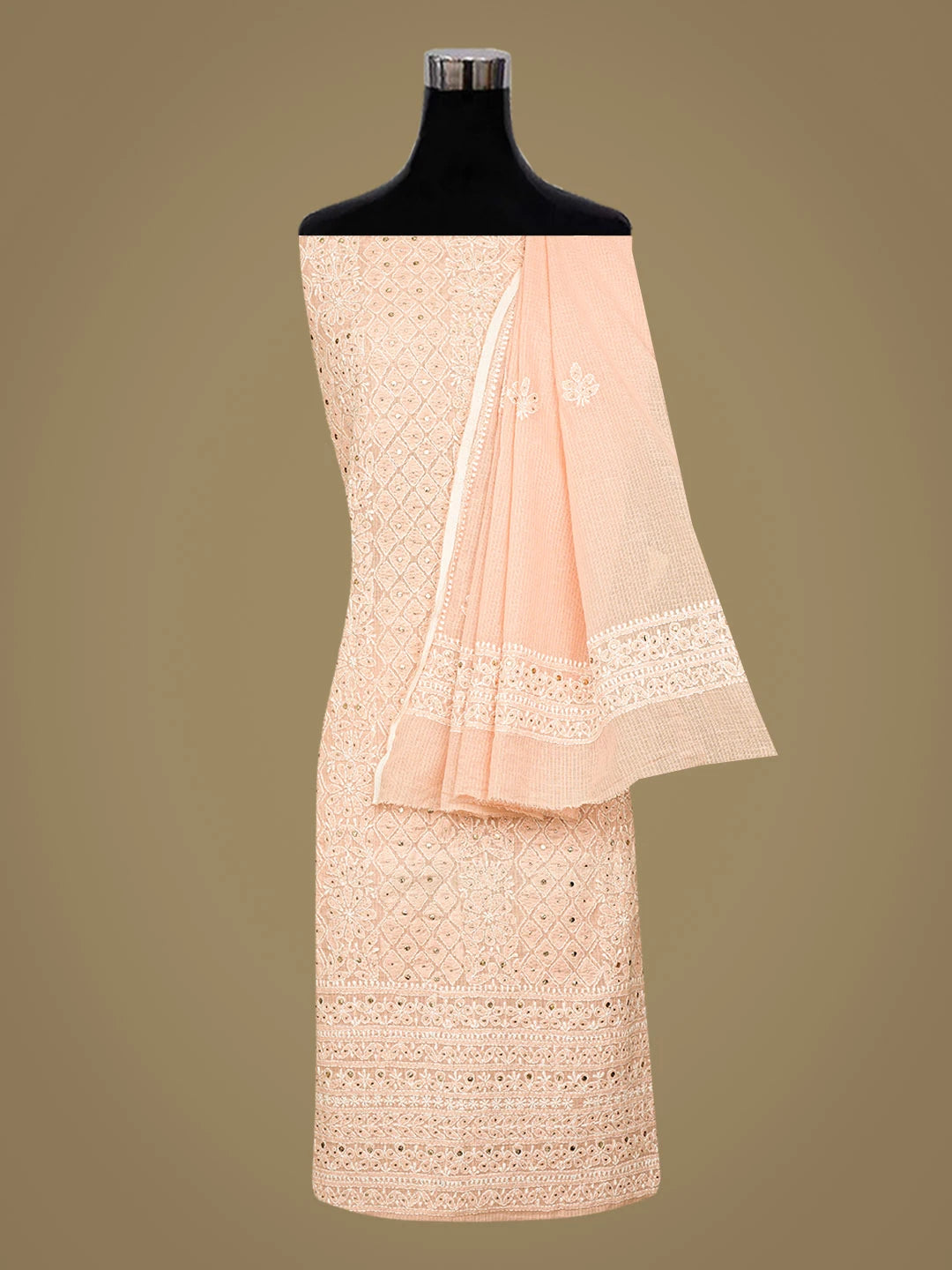 Ada Hand Embroidered Peach Kota Lucknowi Chikankari Unstitched Kurta Dupatta Set With Mukaish Work 01A497572