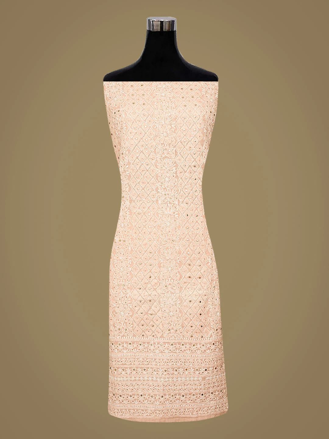Ada Hand Embroidered Peach Kota Lucknowi Chikankari Unstitched Kurta Dupatta Set With Mukaish Work 01A497572