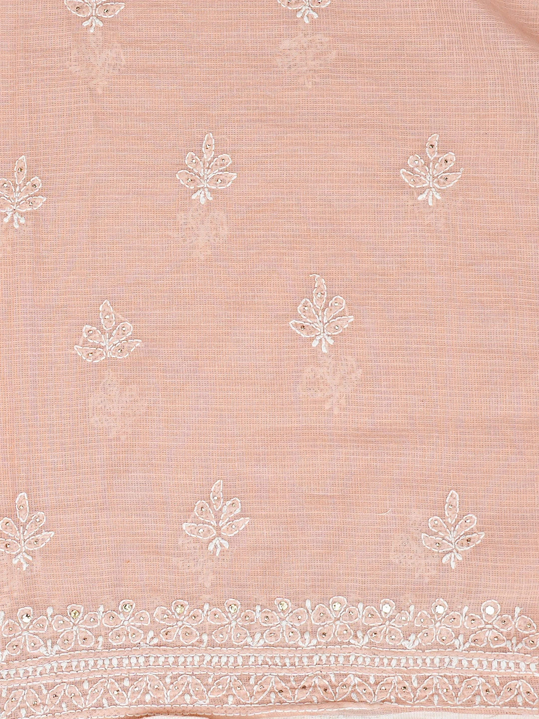 Ada Hand Embroidered Peach Kota Lucknowi Chikankari Unstitched Kurta Dupatta Set With Mukaish Work 01A497572