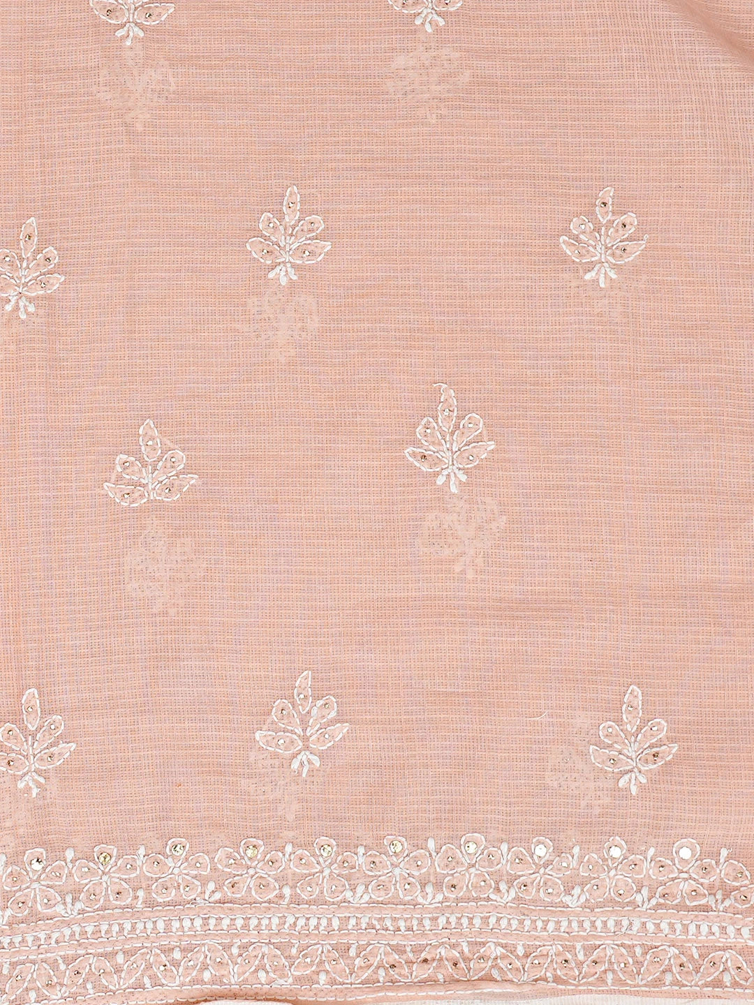 Ada Hand Embroidered Peach Kota Lucknowi Chikankari Unstitched Kurta Dupatta Set With Mukaish Work 01A497572