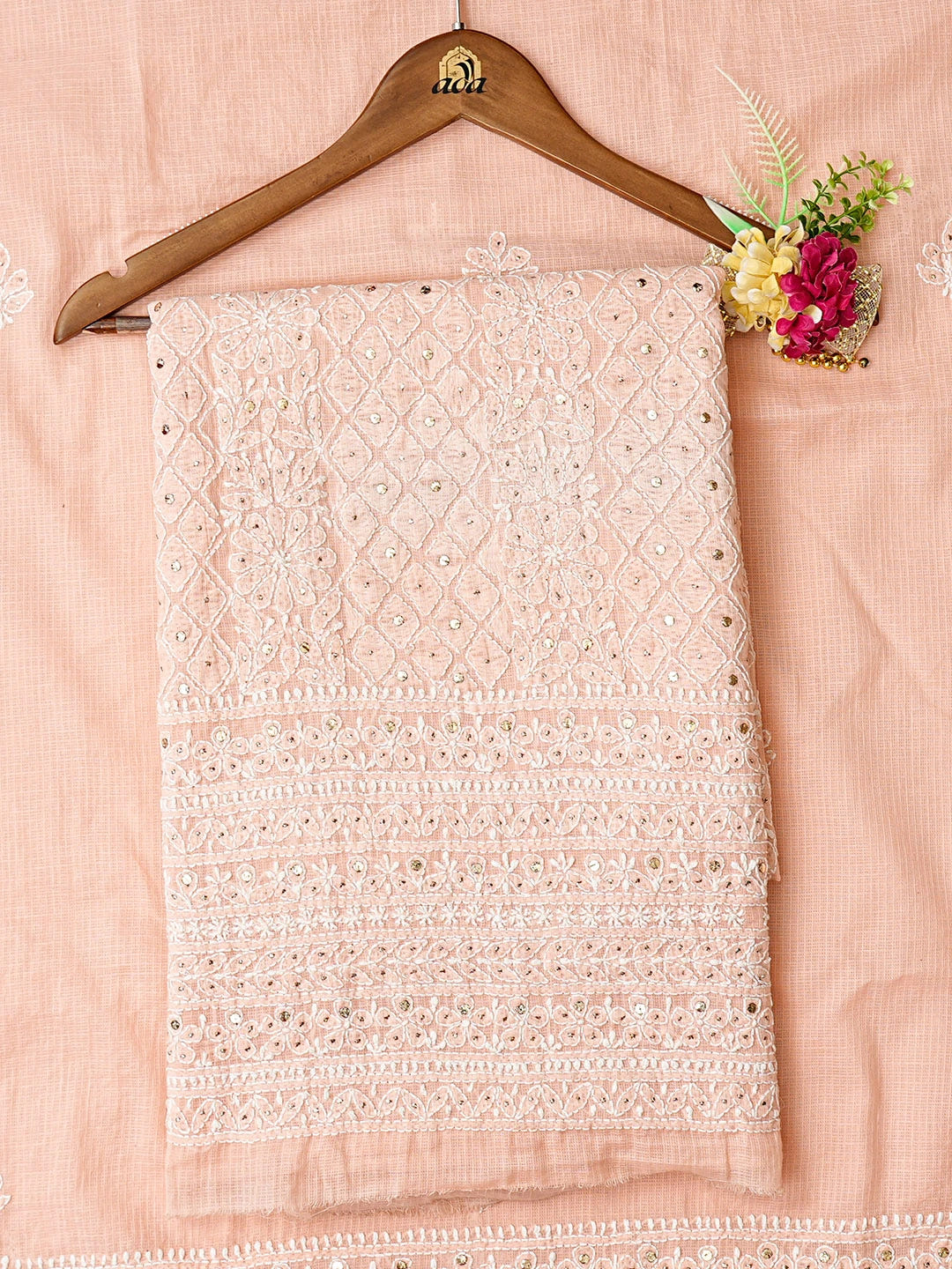 Ada Hand Embroidered Peach Kota Lucknowi Chikankari Unstitched Kurta Dupatta Set With Mukaish Work 01A497572