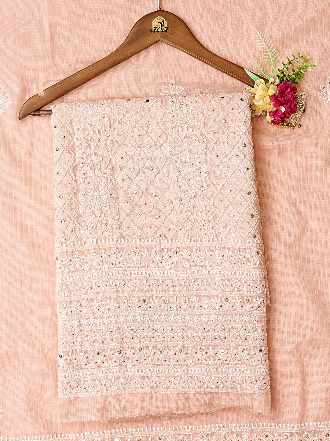 Ada Hand Embroidered Peach Kota Lucknowi Chikankari Unstitched Kurta Dupatta Set With Mukaish Work 01A497572