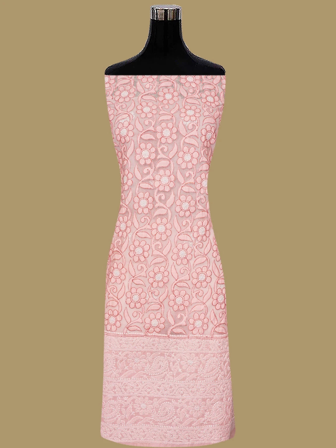 Ada Hand Embroidered Peach Cotton And Net Lucknowi Chikankari Unstitched Suit Piece 01A821962