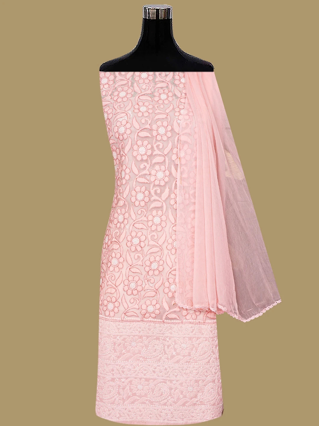 Ada Hand Embroidered Peach Cotton And Net Lucknowi Chikankari Unstitched Suit Piece 01A821962
