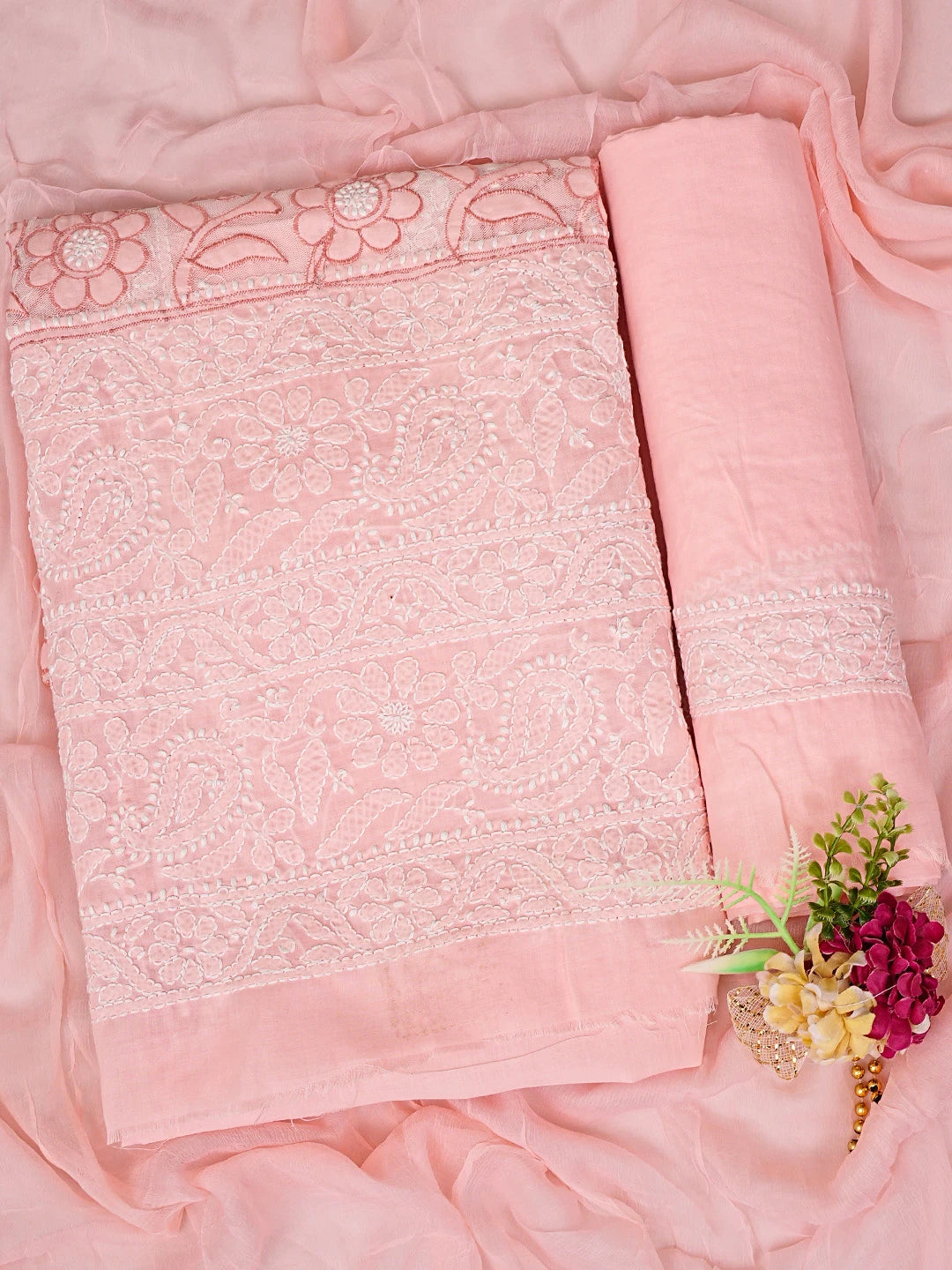 Ada Hand Embroidered Peach Cotton And Net Lucknowi Chikankari Unstitched Suit Piece 01A821962