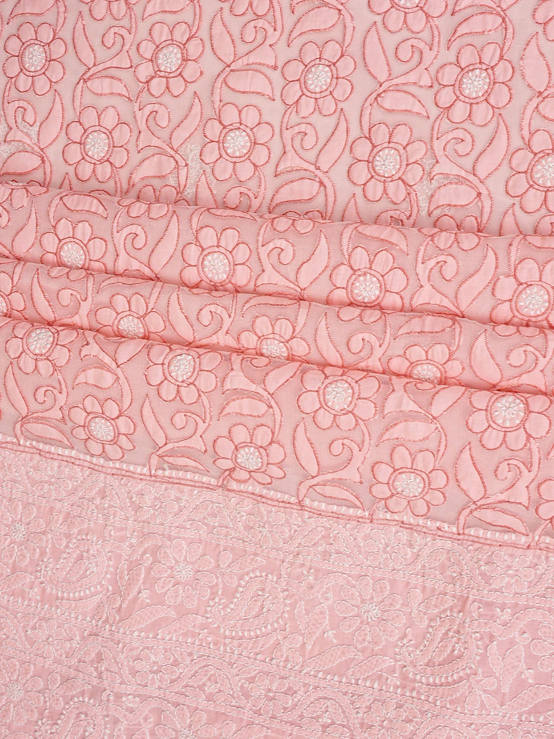 Ada Hand Embroidered Peach Cotton And Net Lucknowi Chikankari Unstitched Suit Piece 01A821962