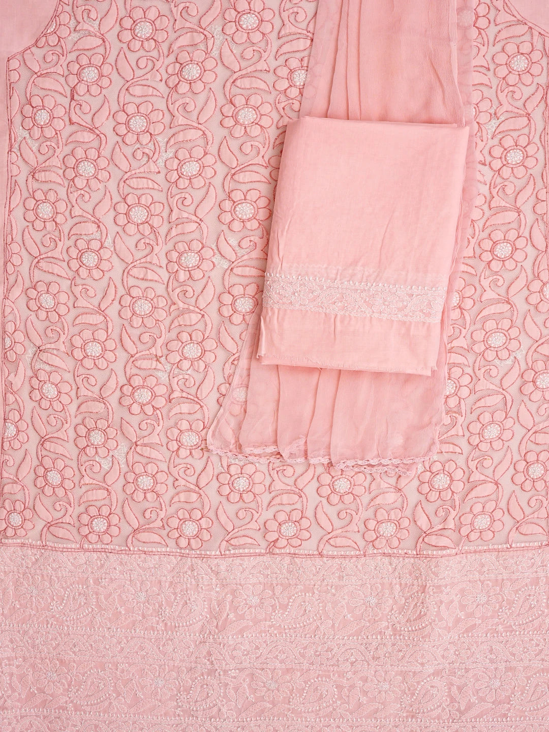 Ada Hand Embroidered Peach Cotton And Net Lucknowi Chikankari Unstitched Suit Piece 01A821962