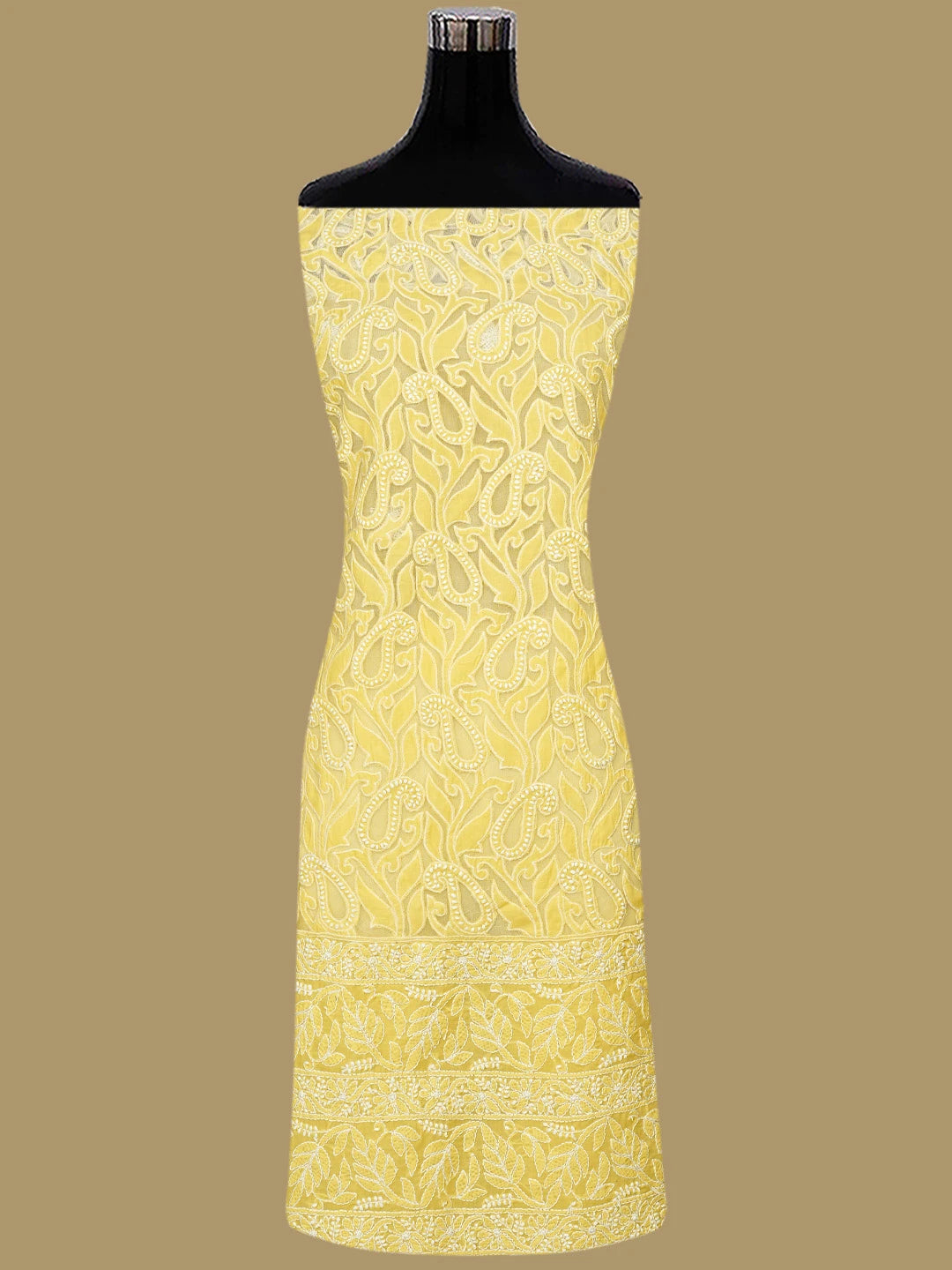 Ada Hand Embroidered Yellow Cotton And Net Lucknowi Chikankari Unstitched Suit Piece 01A821957