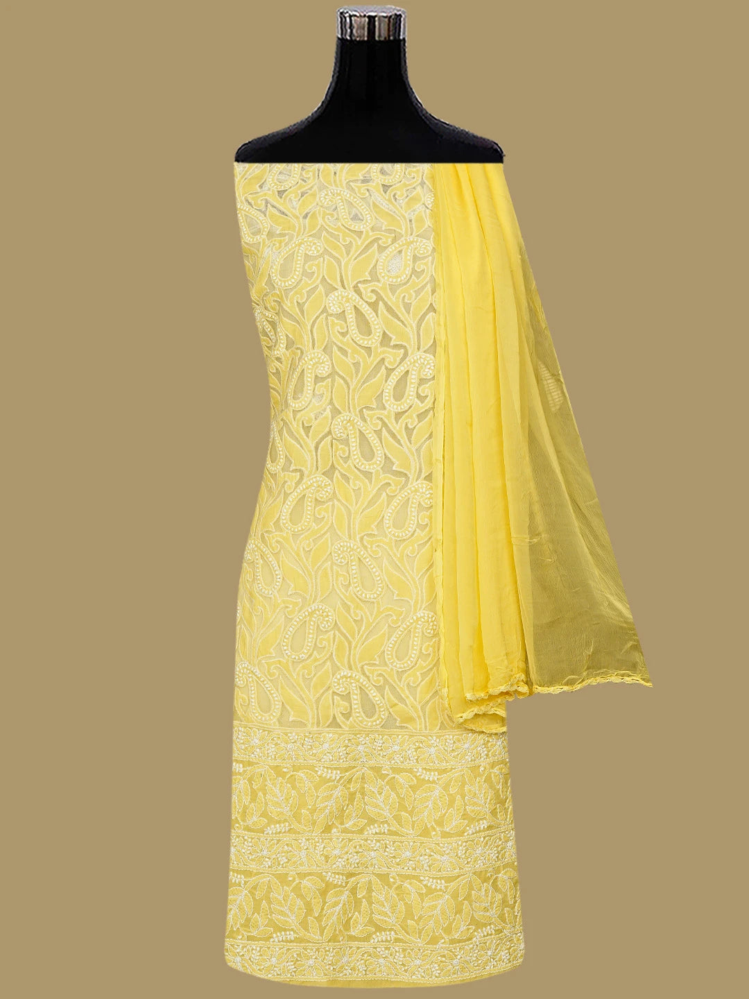 Ada Hand Embroidered Yellow Cotton And Net Lucknowi Chikankari Unstitched Suit Piece 01A821957