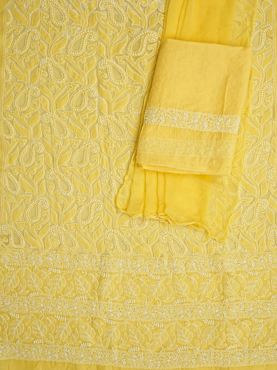 Ada Hand Embroidered Yellow Cotton And Net Lucknowi Chikankari Unstitched Suit Piece 01A821957
