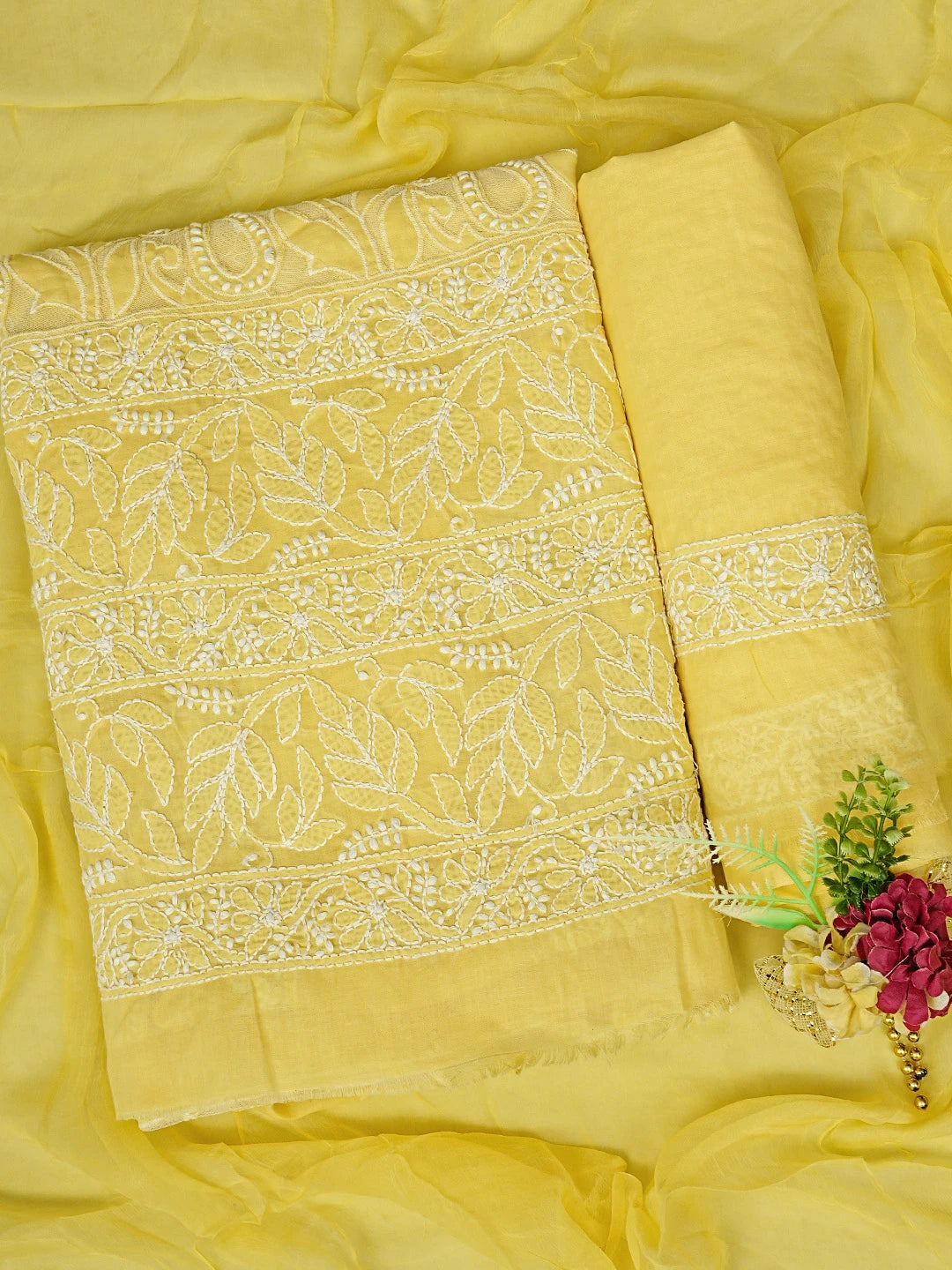 Ada Hand Embroidered Yellow Cotton And Net Lucknowi Chikankari Unstitched Suit Piece 01A821957