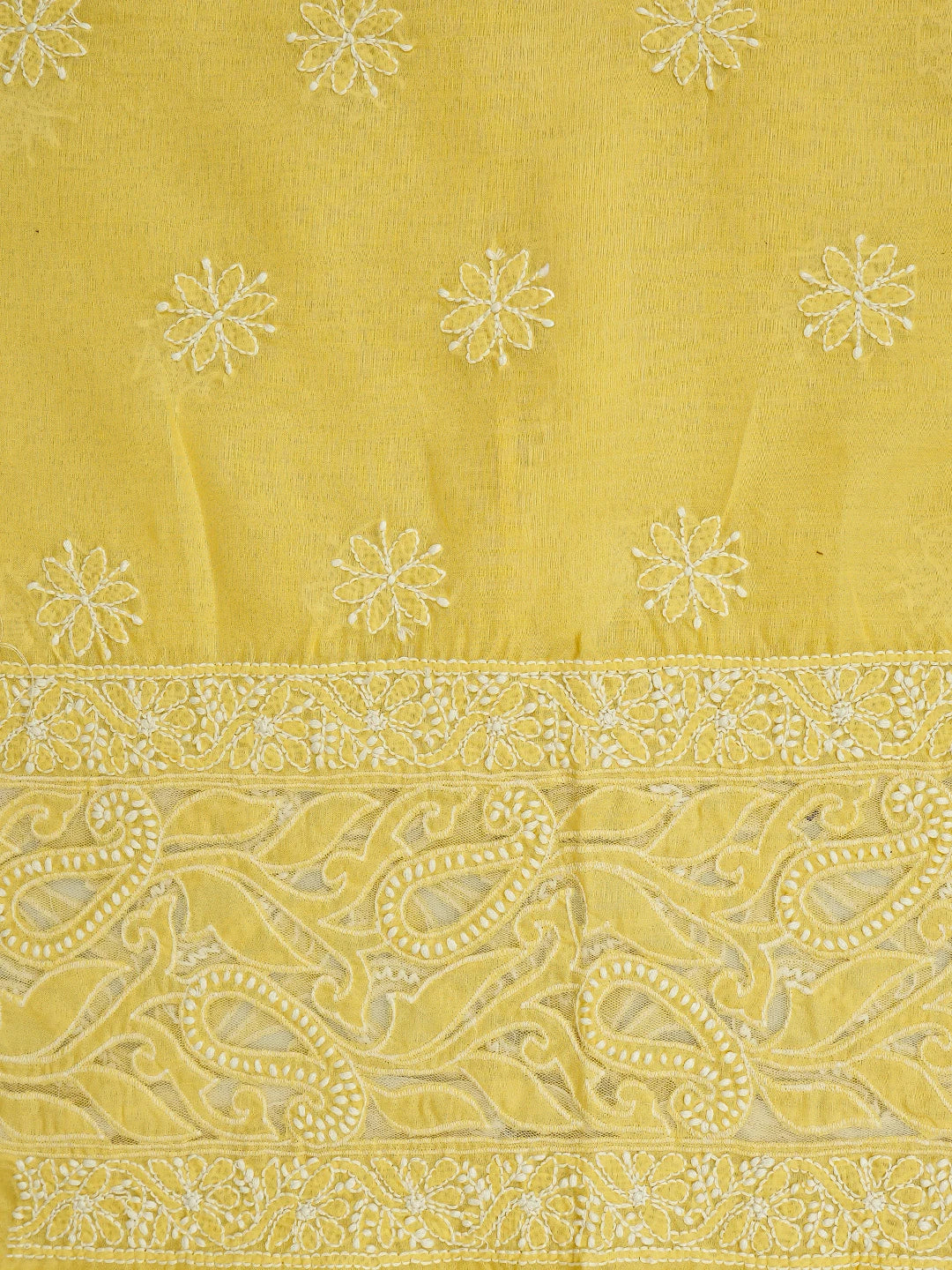Ada Hand Embroidered Yellow Cotton And Net Lucknowi Chikankari Unstitched Suit Piece 01A821957