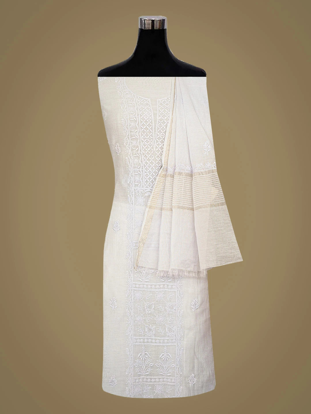 Ada Hand Embroidered Light Grey Chanderi Lucknowi Chikankari Unstitched Kurta Dupatta Set 01A710113