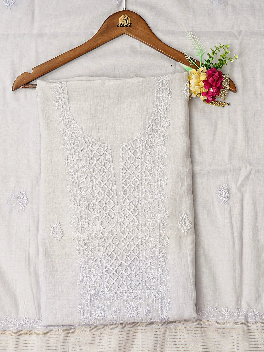 Ada Hand Embroidered Light Grey Chanderi Lucknowi Chikankari Unstitched Kurta Dupatta Set 01A710113
