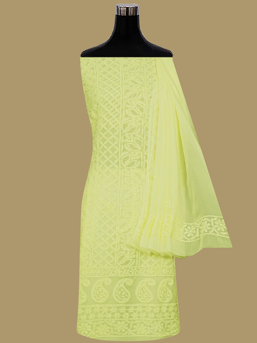 Ada Hand Embroidered Lemon Viscose Georgette Lucknowi Chikankari Unstitched Kurta Dupatta Set 01A811751
