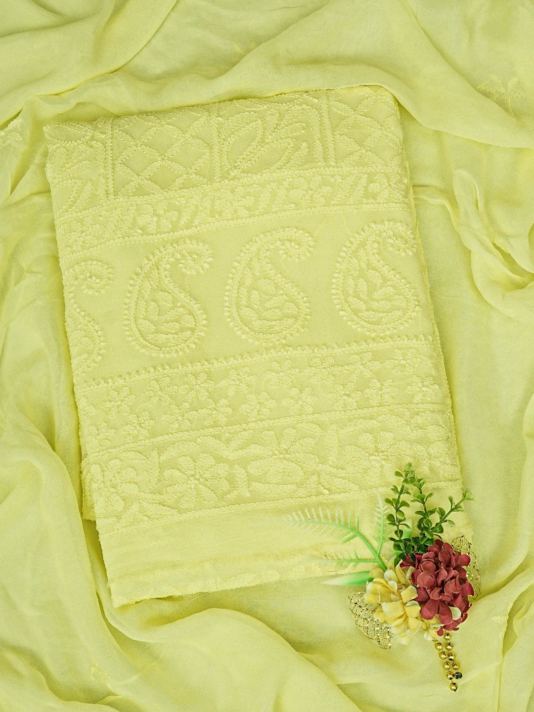 Ada Hand Embroidered Lemon Viscose Georgette Lucknowi Chikankari Unstitched Kurta Dupatta Set 01A811751
