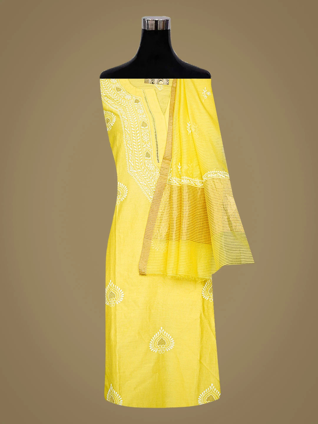 Ada Hand Embroidered Yellow Chanderi Lucknowi Chikankari Semi-Stitched Suit Piece With Zari Work 01A662140
