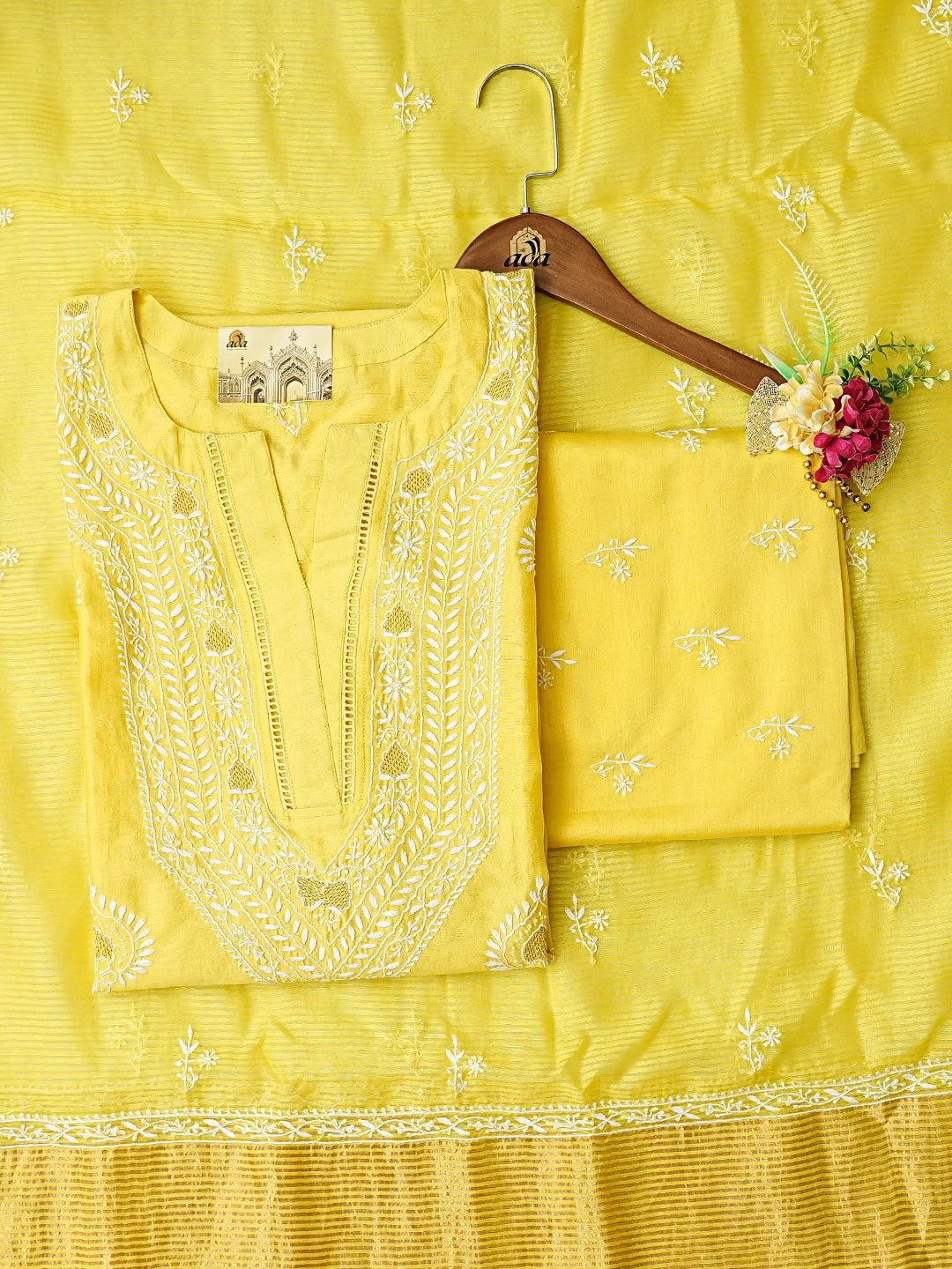 Ada Hand Embroidered Yellow Chanderi Lucknowi Chikankari Semi-Stitched Suit Piece With Zari Work 01A662140