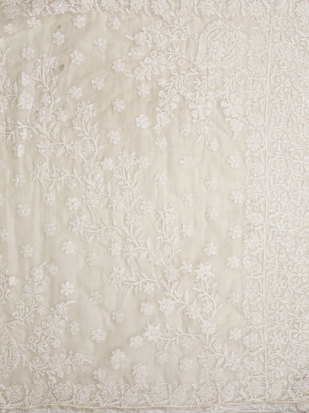 Ada Hand Embroidered Off White Organza Lucknowi Chikankari Saree With Blouse 01A794151