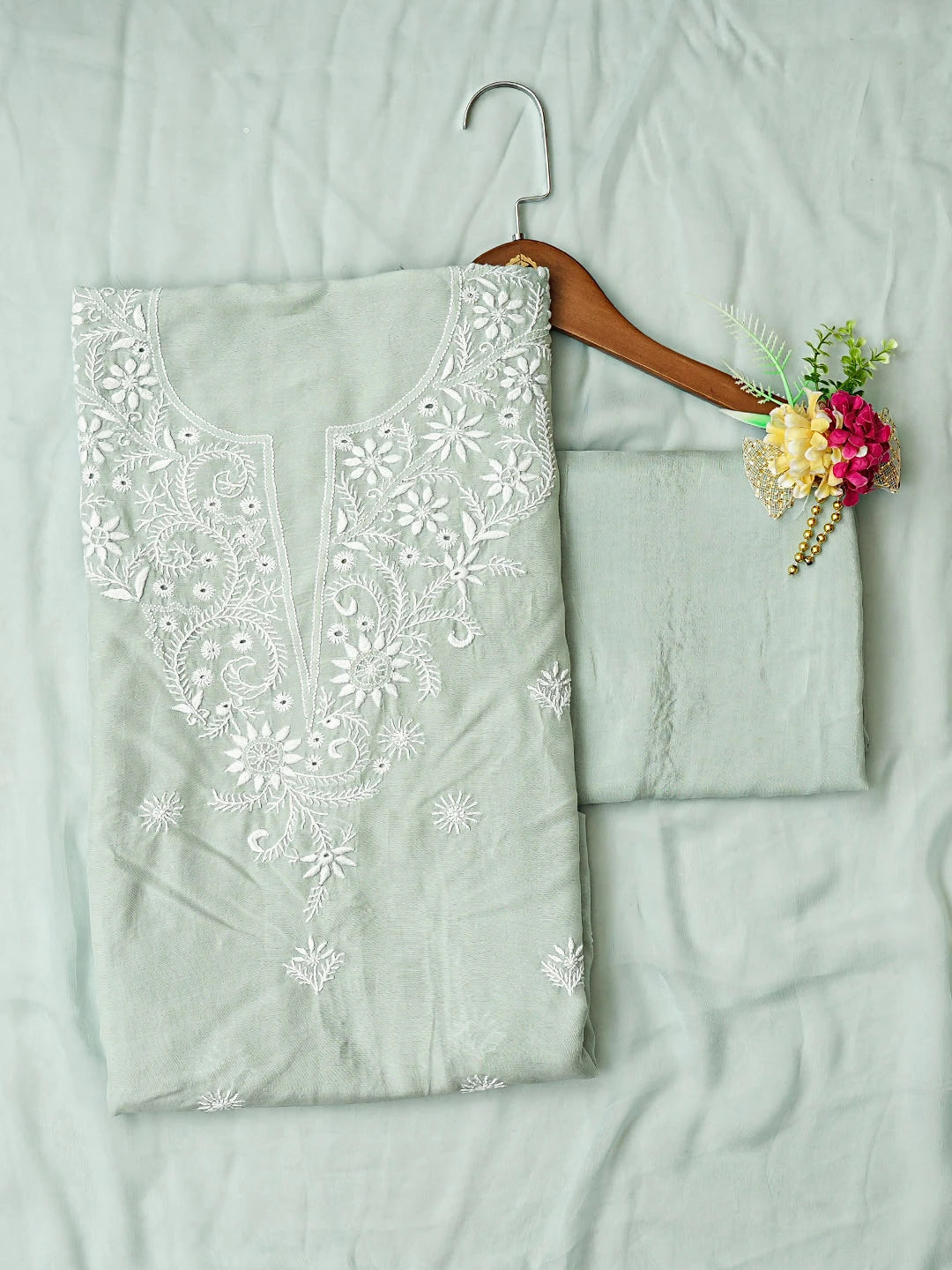 Ada Hand Embroidered Teal Green Muslin Lucknowi Chikankari Unstitched Suit Piece 01A855643