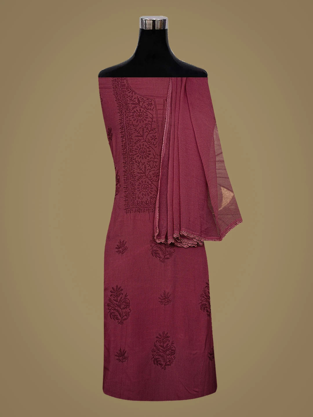 Ada Hand Embroidered Wine Modal Lucknowi Chikankari Unstitched Suit Piece 01A700544