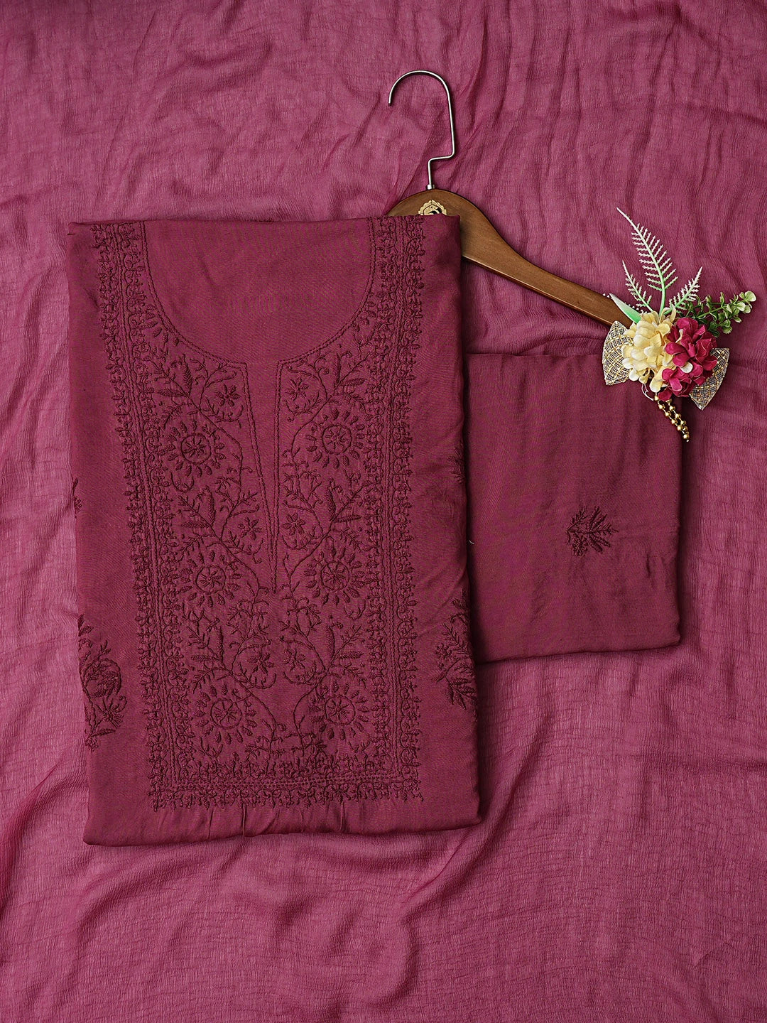 Ada Hand Embroidered Wine Modal Lucknowi Chikankari Unstitched Suit Piece 01A700544
