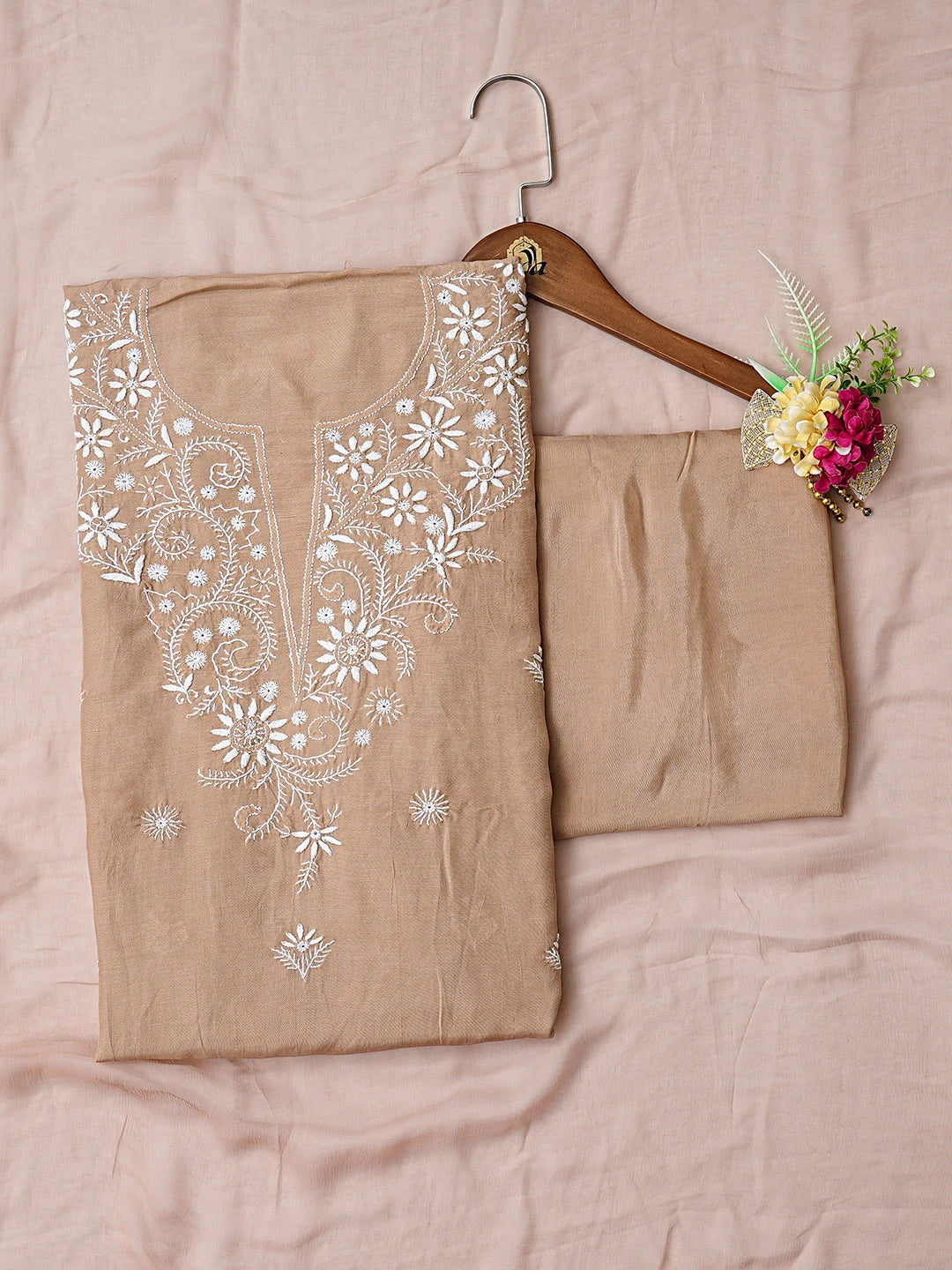 Ada Hand Embroidered Fawn Muslin Lucknowi Chikankari Unstitched Suit Piece 01A855624