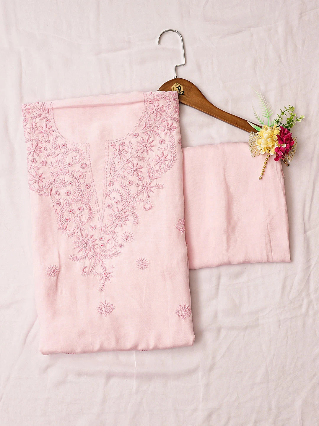 Ada Hand Embroidered Pink Muslin Lucknowi Chikankari Unstitched Suit Piece 01A855640