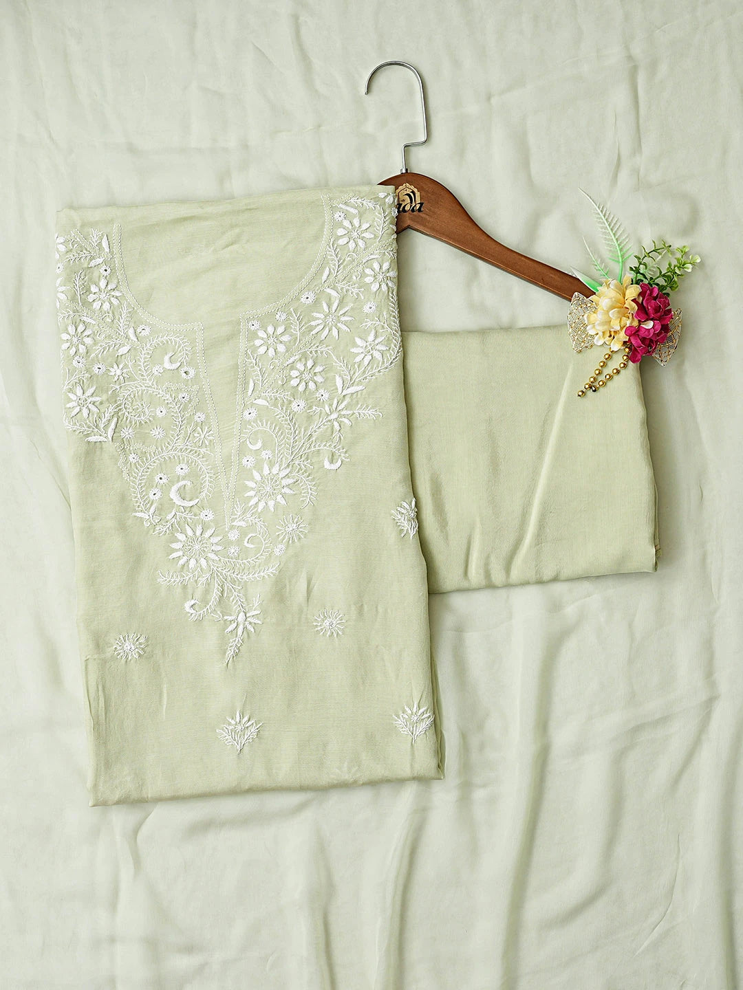 Ada Hand Embroidered Pista Green Muslin Lucknowi Chikankari Unstitched Suit Piece 01A855645