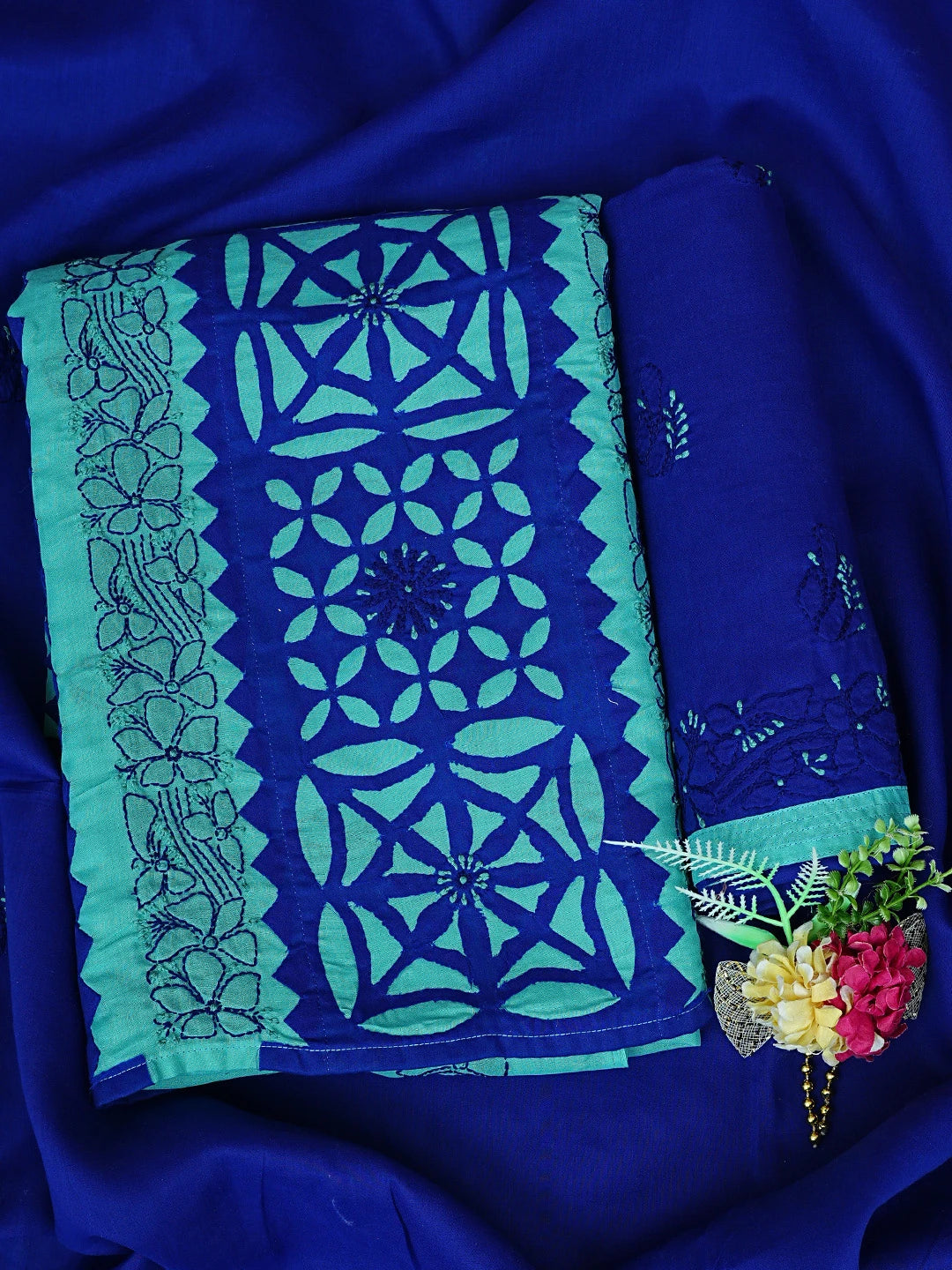 Ada Hand Embroidered Navy Blue And Green Cotton Lucknowi Chikankari Unstitched Suit Piece 01A845162
