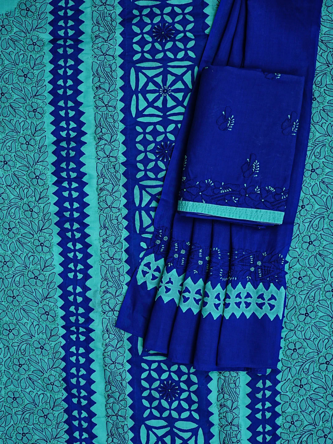 Ada Hand Embroidered Navy Blue And Green Cotton Lucknowi Chikankari Unstitched Suit Piece 01A845162