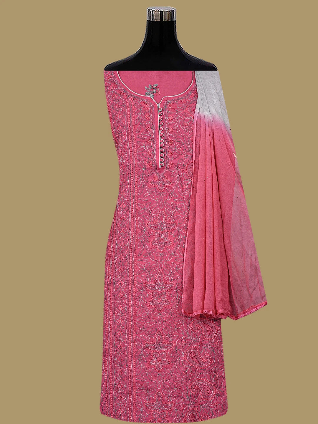 Ada Hand Embroidered Magenta Cotton Lucknowi Chikankari Unstitched Suit Piece 01A856561