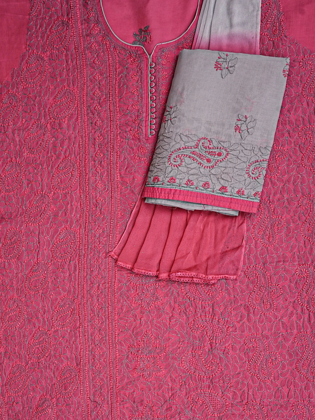 Ada Hand Embroidered Magenta Cotton Lucknowi Chikankari Unstitched Suit Piece 01A856561