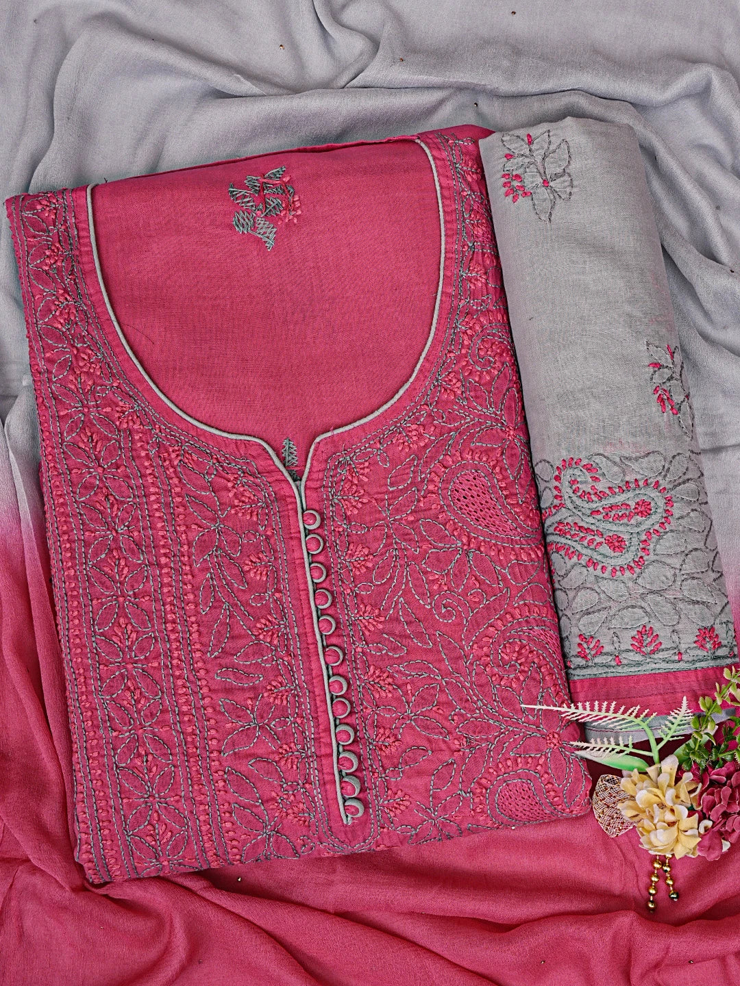 Ada Hand Embroidered Magenta Cotton Lucknowi Chikankari Unstitched Suit Piece 01A856561