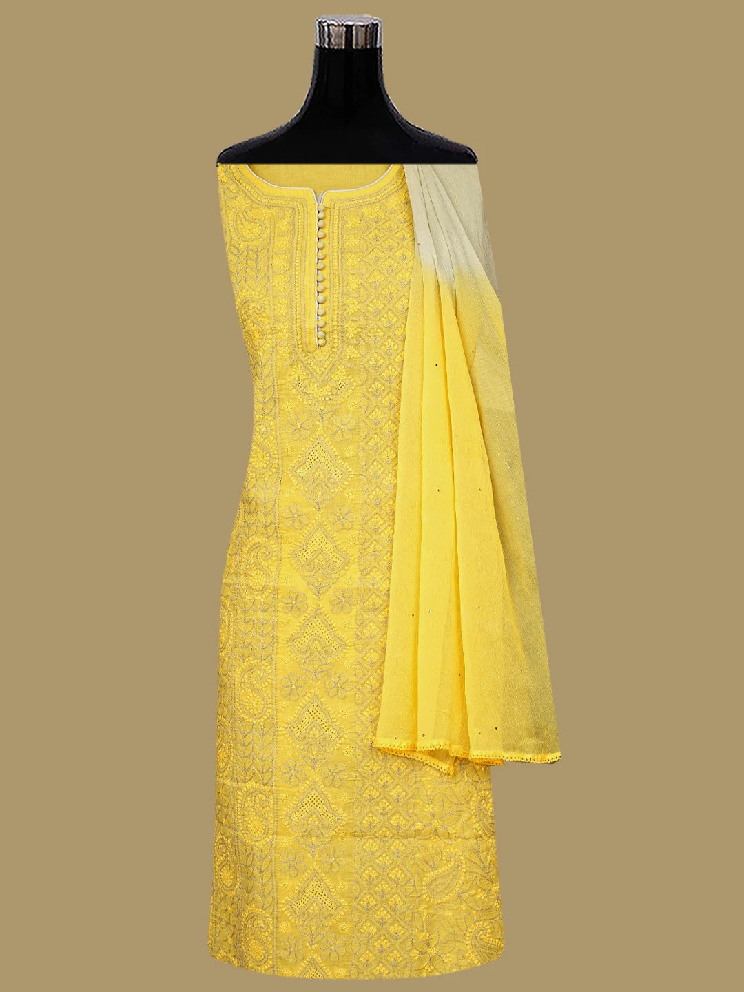 Ada Hand Embroidered Yellow Cotton Lucknowi Chikankari Unstitched Suit Piece 01A856558