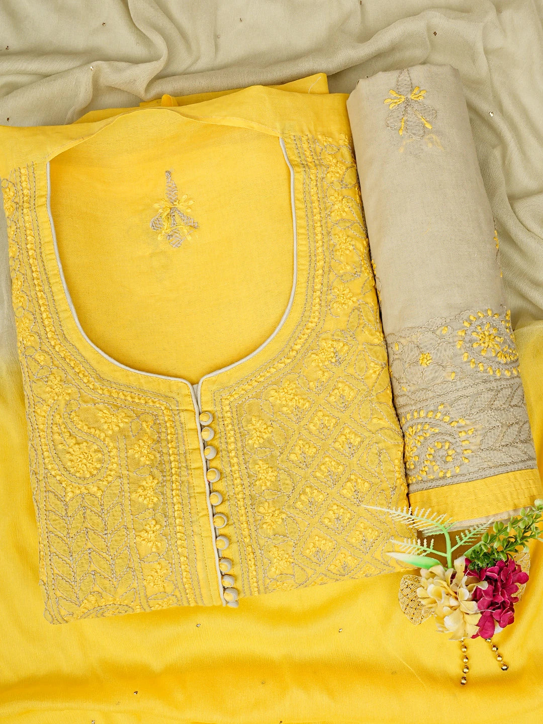 Ada Hand Embroidered Yellow Cotton Lucknowi Chikankari Unstitched Suit Piece 01A856558