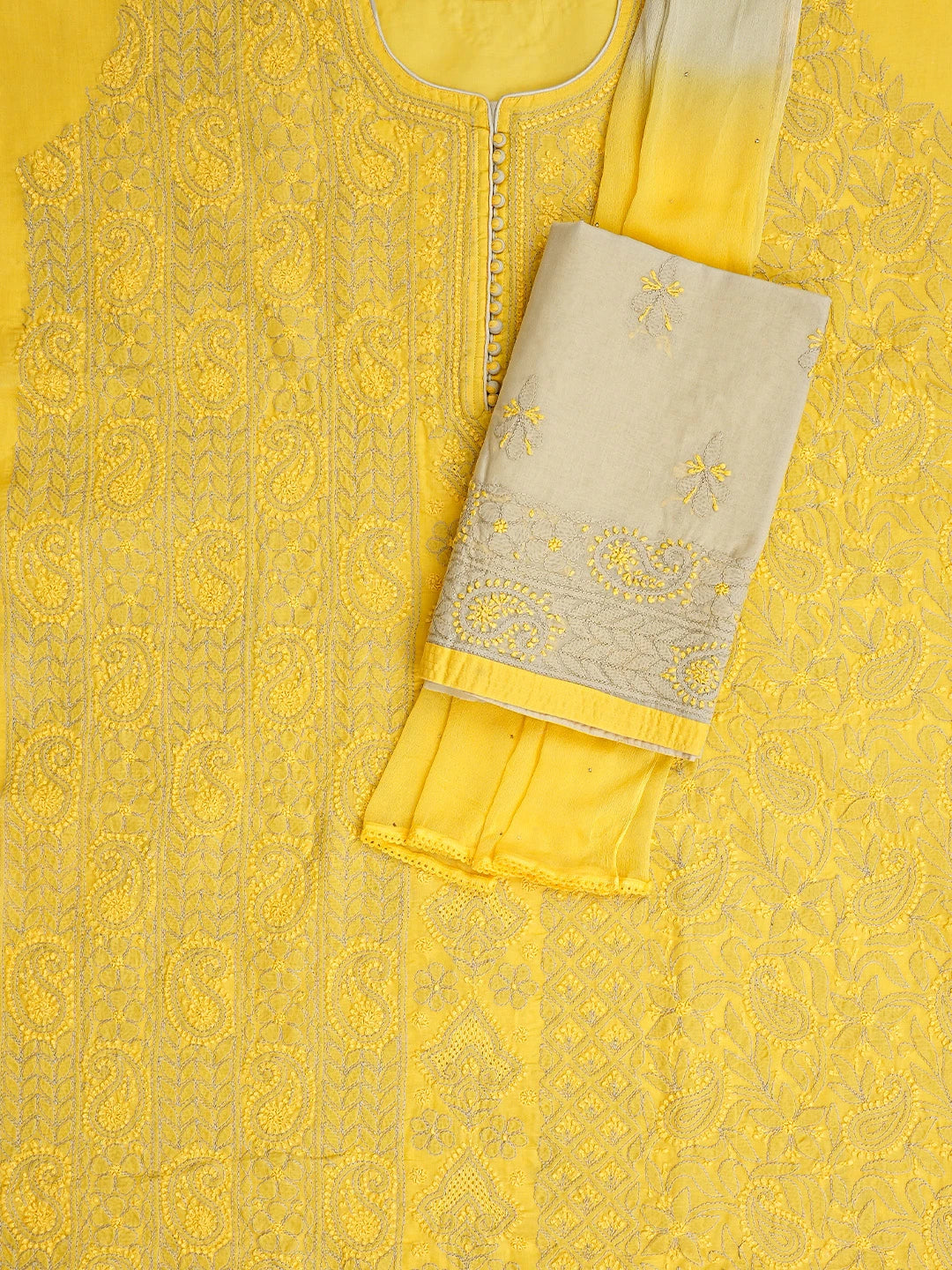 Ada Hand Embroidered Yellow Cotton Lucknowi Chikankari Unstitched Suit Piece 01A856558