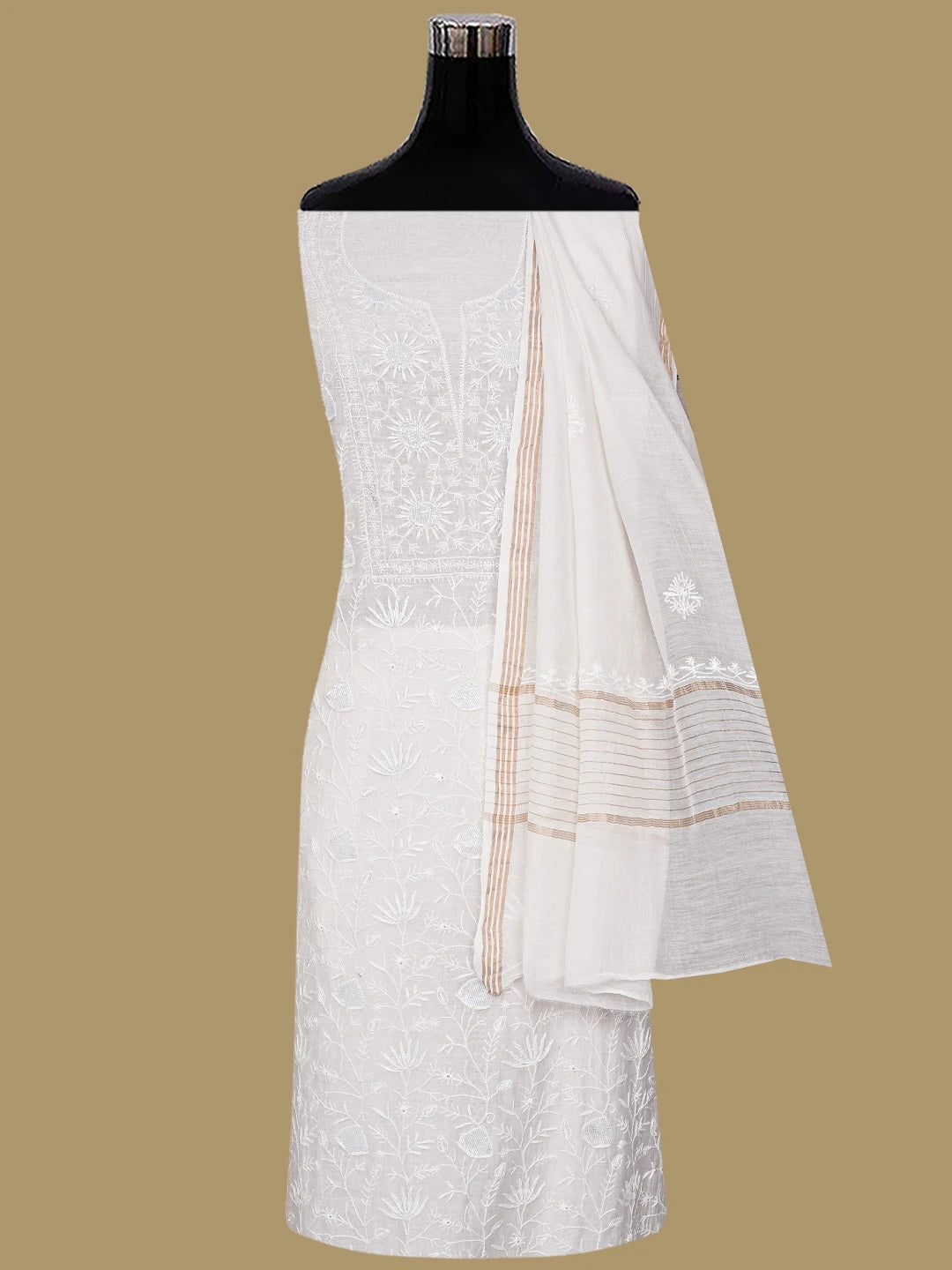 Ada Hand Embroidered White Chanderi Lucknowi Chikankari Unstitched Kurta Dupatta Set With Cutdana Work 01A837851