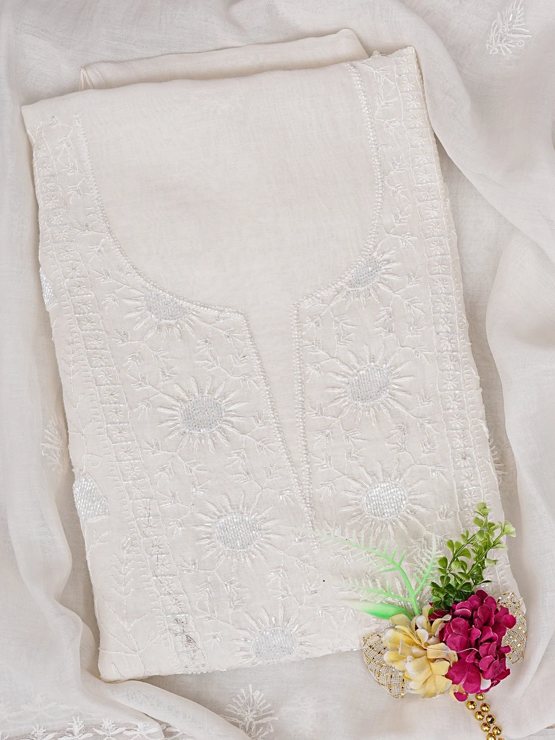 Ada Hand Embroidered White Chanderi Lucknowi Chikankari Unstitched Kurta Dupatta Set With Cutdana Work 01A837851