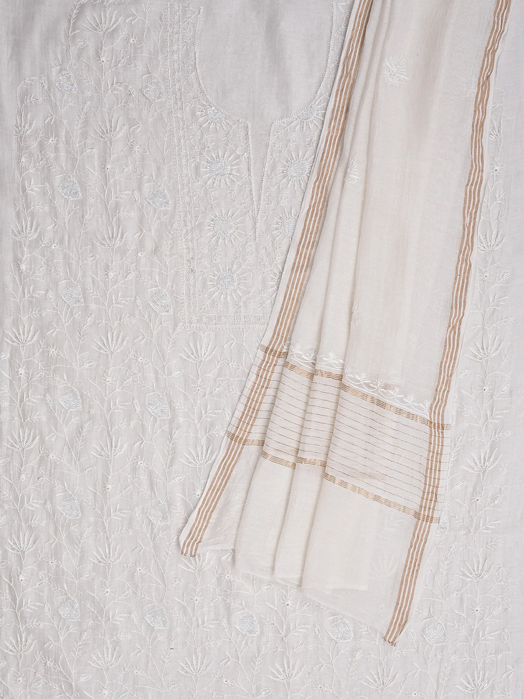 Ada Hand Embroidered White Chanderi Lucknowi Chikankari Unstitched Kurta Dupatta Set With Cutdana Work 01A837851