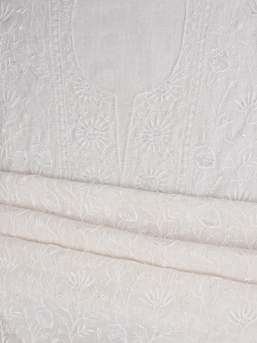 Ada Hand Embroidered White Chanderi Lucknowi Chikankari Unstitched Kurta Dupatta Set With Cutdana Work 01A837851