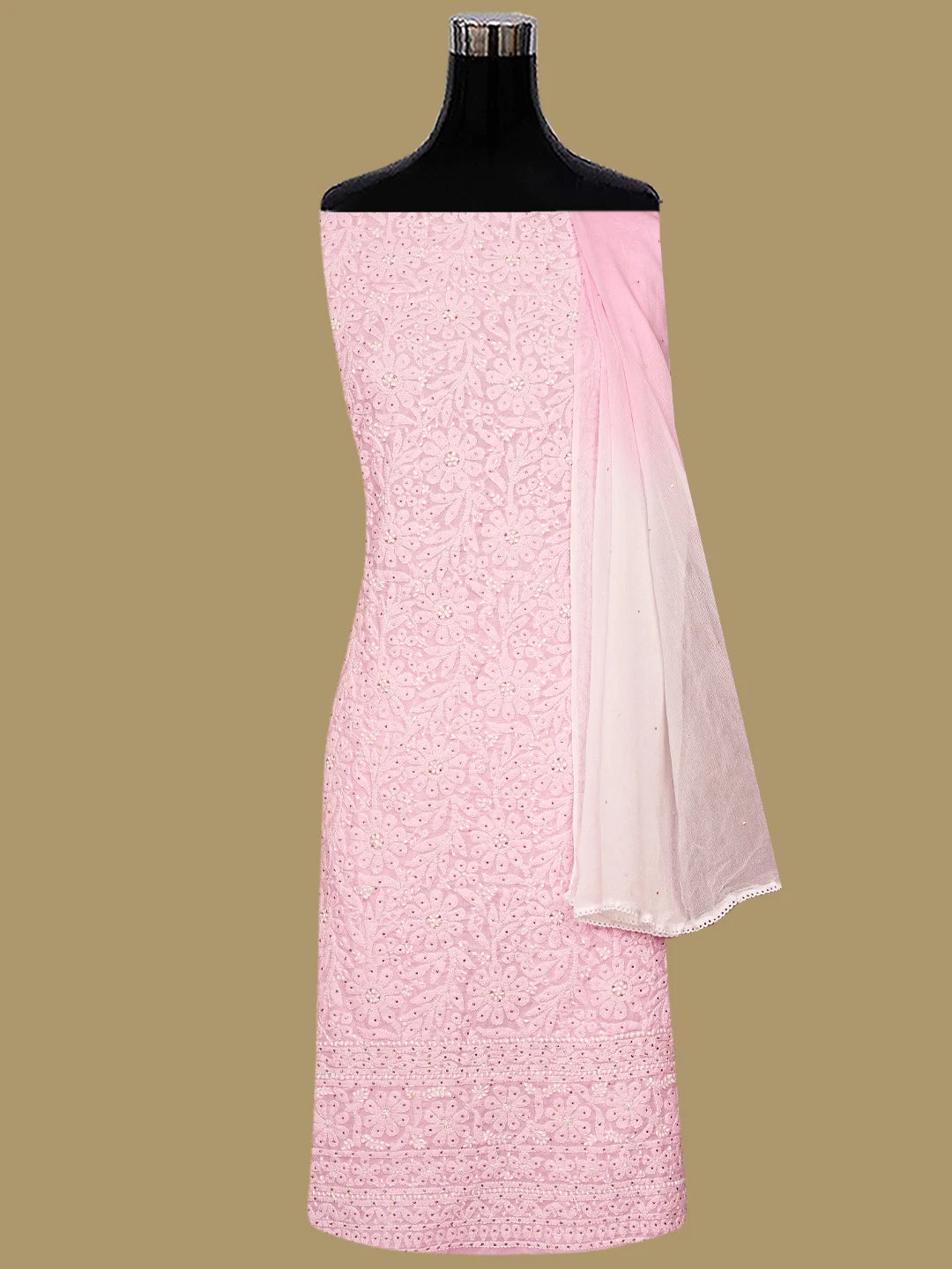 Ada Hand Embroidered Pink Cotton Lucknowi Chikankari Unstitched Suit Piece With Mukaish Work 01A847348