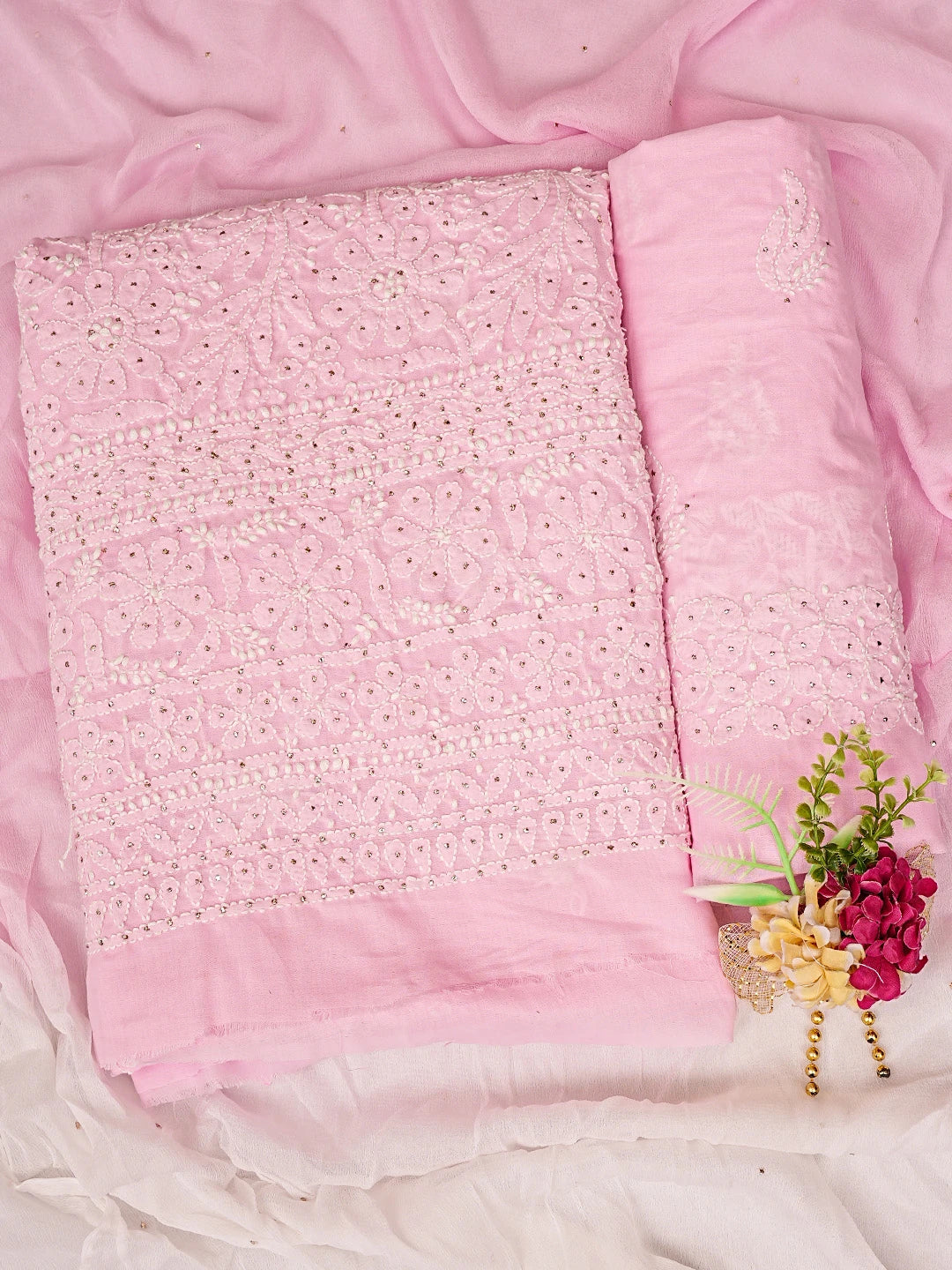 Ada Hand Embroidered Pink Cotton Lucknowi Chikankari Unstitched Suit Piece With Mukaish Work 01A847348