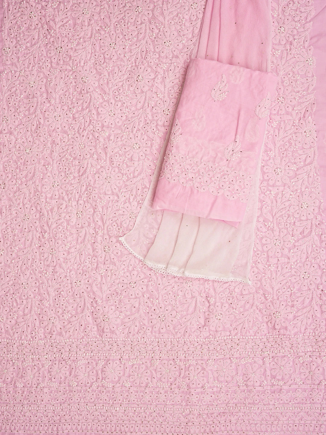 Ada Hand Embroidered Pink Cotton Lucknowi Chikankari Unstitched Suit Piece With Mukaish Work 01A847348