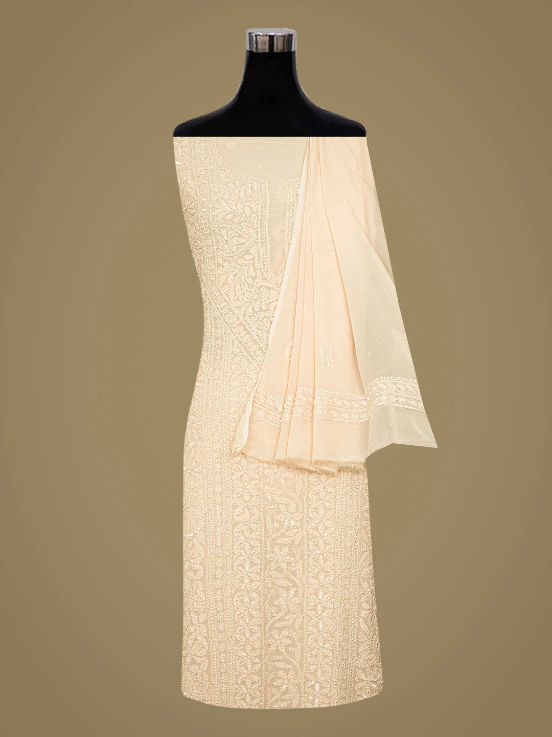 Ada Hand Embroidered Peach Viscose Georgette Lucknowi Chikankari Unstitched Kurta Dupatta Set With Cutdana Work 01A724579