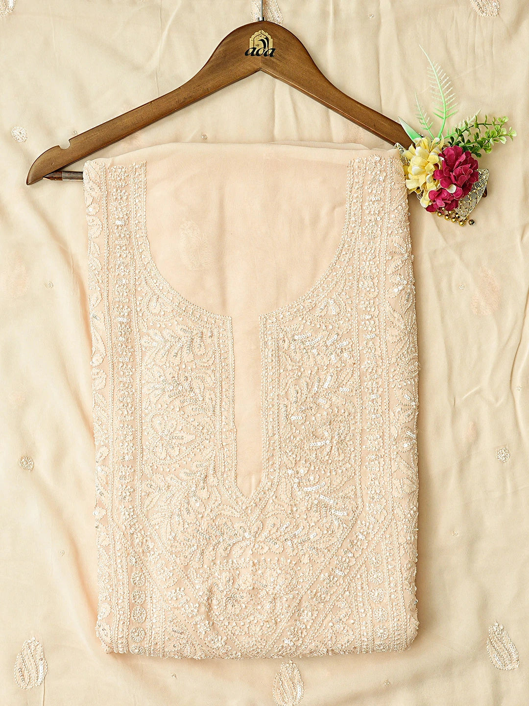Ada Hand Embroidered Peach Viscose Georgette Lucknowi Chikankari Unstitched Kurta Dupatta Set With Cutdana Work 01A724579
