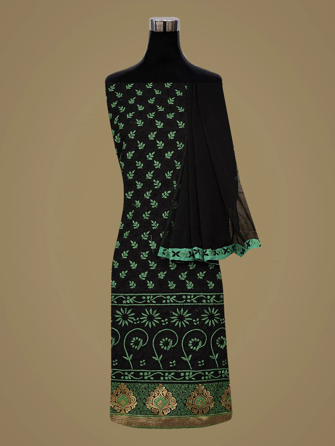 Ada Hand Embroidered Black Cotton Lucknowi Chikankari Unstitched Suit Piece 01A809475