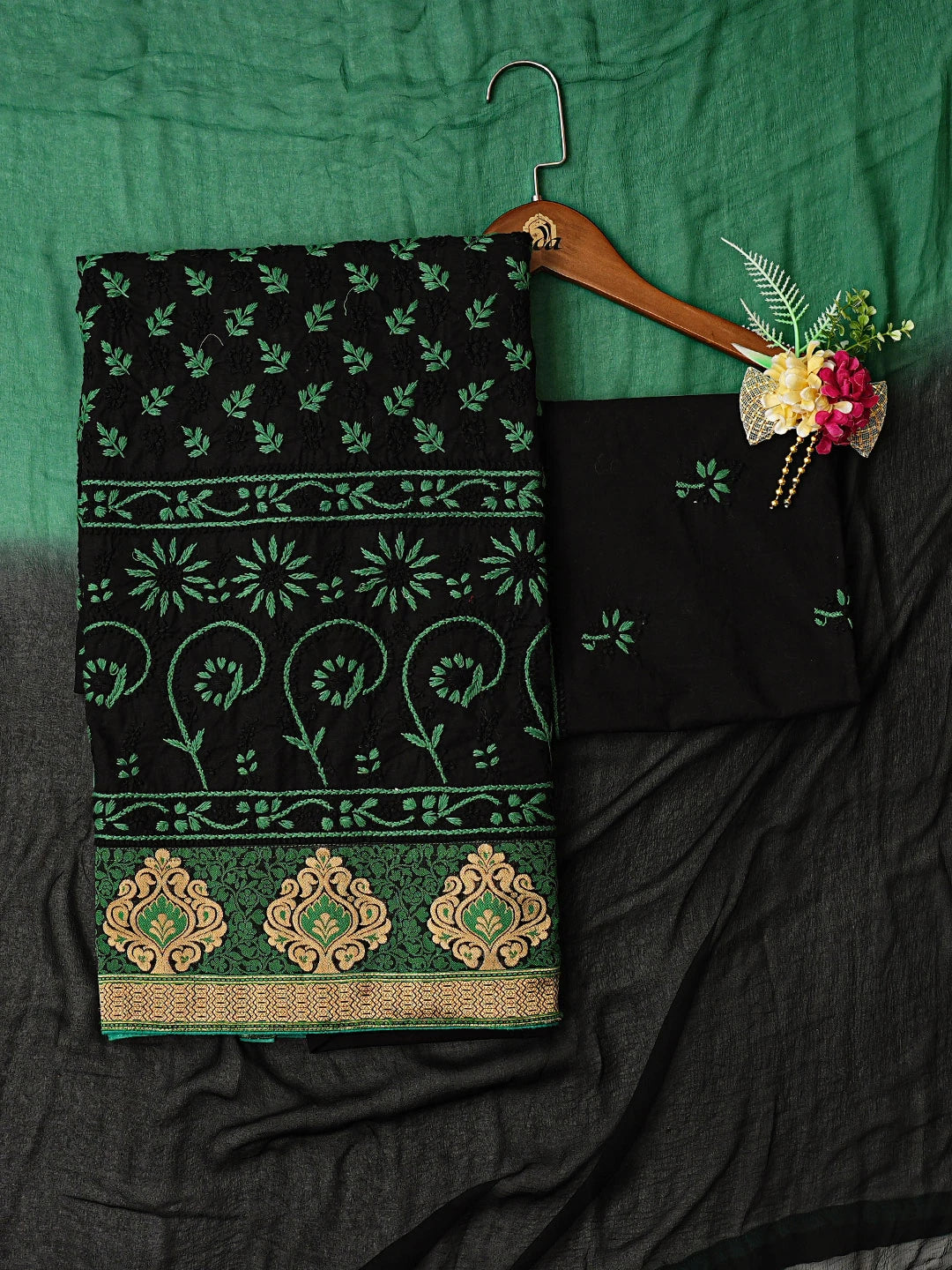 Ada Hand Embroidered Black Cotton Lucknowi Chikankari Unstitched Suit Piece 01A809475