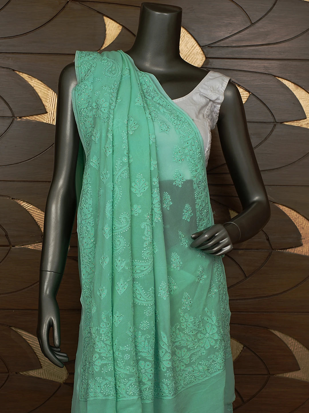 Ada Hand Embroidered Sea Green Viscose Georgette Lucknowi Chikankari Saree/Blouse With Mukaish Work 01A640899